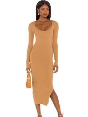 L'Academie Camel Ribbed Scoop-Neck Midi Dress